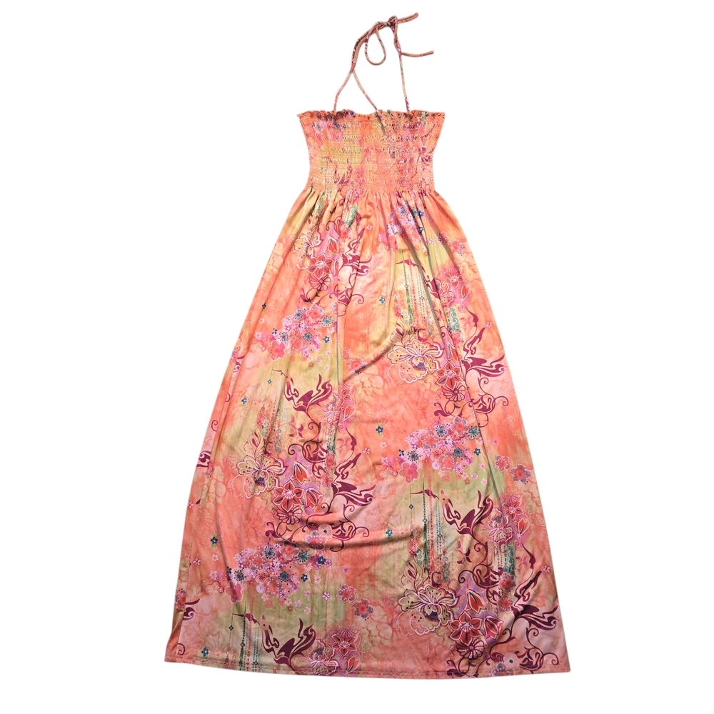 Jordan Taylor Beachwear Halter Maxi Dress Smocked Bodice Pink Orange Abstract